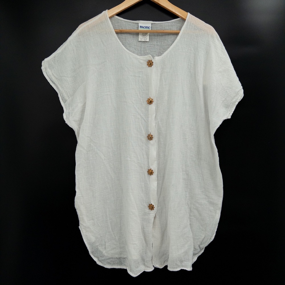Vintage 90s Celestial Top Womens L White Sun Oversized Gauze Loose Coverup Boho